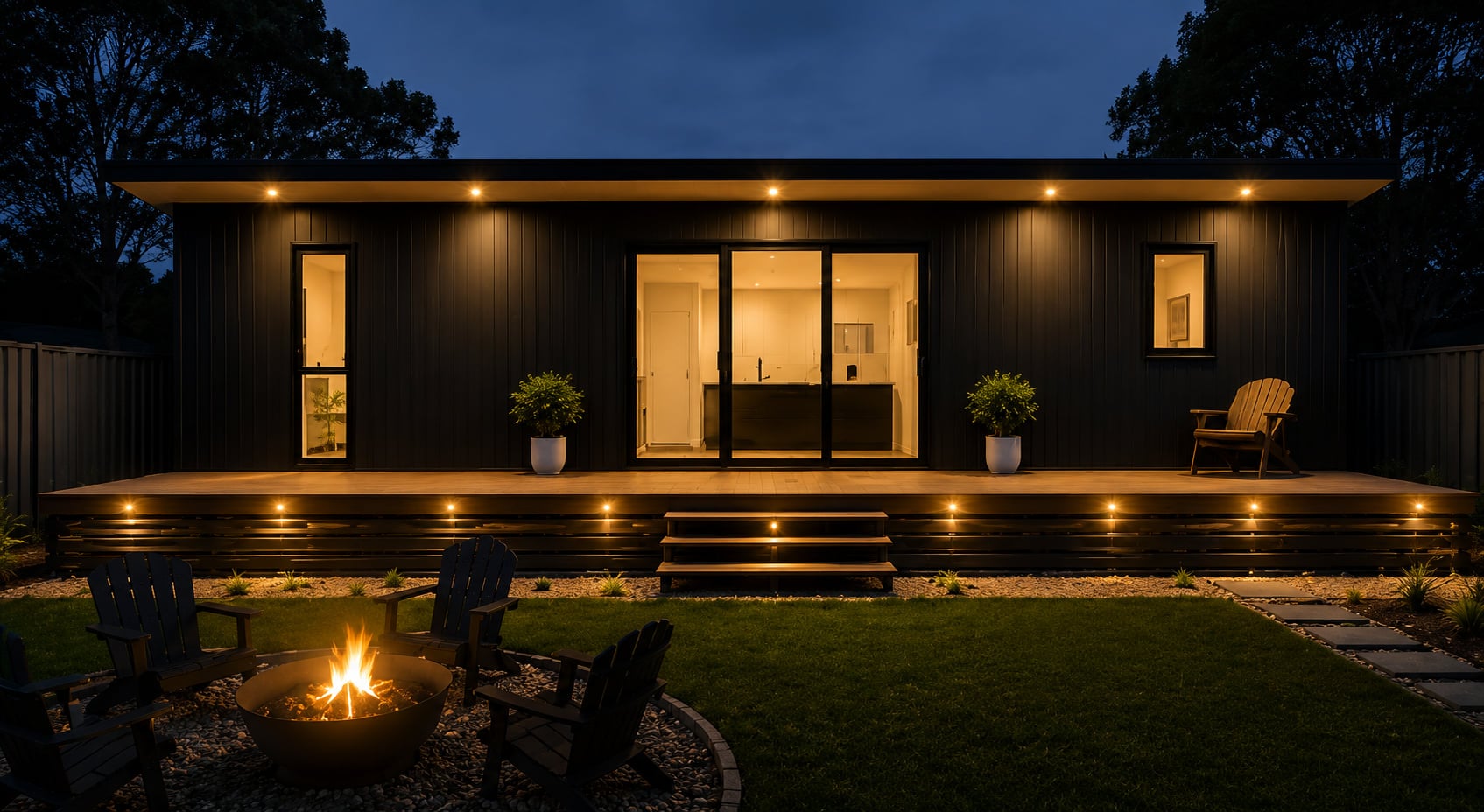 A finished Modlux modular home at dusk, lit from within, with a deck and fire pit in the garden
